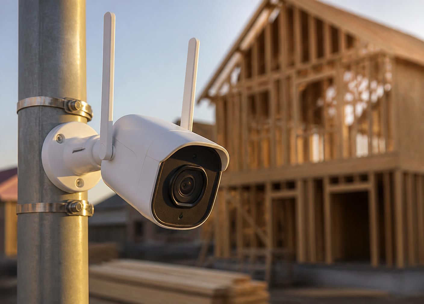 Close-up of an LTE construction camera mounted at a framing site