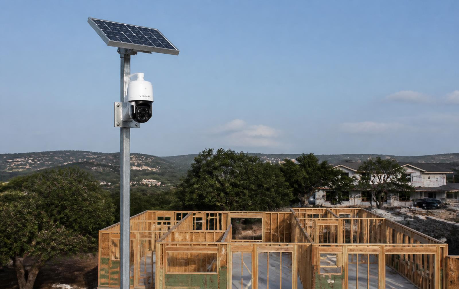 Solar-powered wireless security camera on a pole overlooking a home under construction